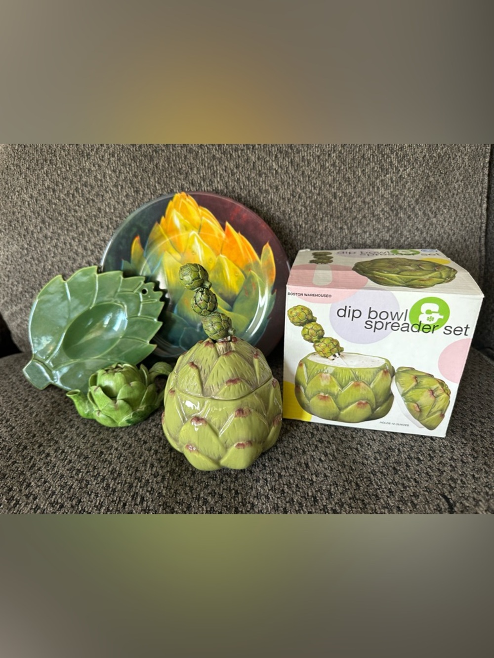 Boston Warehouse Green Artichoke Dip Server and other decor